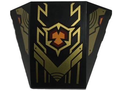 LEGO onderdeel Wedge 4 x 3 Triple Curved No Studs with Gold Armor Plates, Geometric Lines and Dark Red and Orange Emblem Pattern (64225pb068)