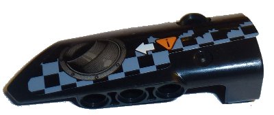 LEGO part Technic, Panel Fairing # 4 Small Smooth Long, Side B with Exhaust Port, White Arrow, Orange Caution Sign, Gray Checkered Pattern (Sticker) - Set 42002 (64391pb033)