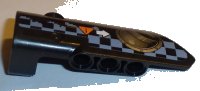 LEGO onderdeel Technic, Panel Fairing # 3 Small Smooth Long, Side A with Exhaust Port, White Arrow, Orange Caution Sign, Gray Checkered Pattern (Sticker) - Set 42002 64683pb033