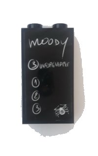 LEGO part Panel 1 x 2 x 3 with Side Supports - Hollow Studs with 'moody', 'UNFORGIVEABLE', Numbers in White Circles and Spider Pattern (Sticker) - Set 75948 87544pb053