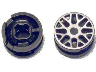 LEGO part Wheel 11mm D. x 6mm with 8 'Y' Spokes with Silver Outline Pattern (93595pb02)