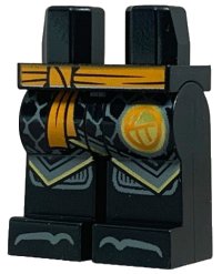 LEGO part Hips and Legs with Orange Sash, Ninjago Logogram Letter C in Circle, Dark Bluish Gray Robe Ends with Gold Trim, Knee Pads and Toes Pattern 970c00pb1632