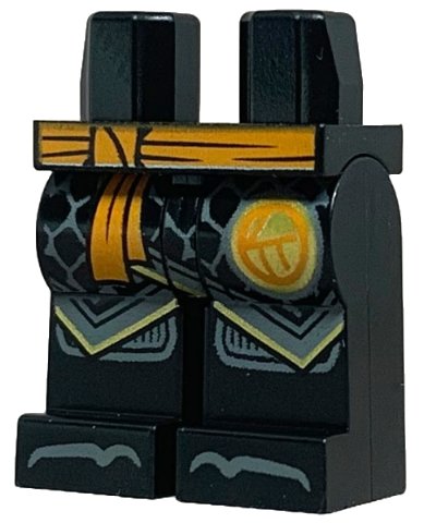 LEGO part Hips and Legs with Orange Sash, Ninjago Logogram Letter C in Circle, Dark Bluish Gray Robe Ends with Gold Trim, Knee Pads and Toes Pattern (970c00pb1632)