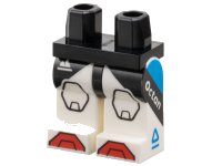 LEGO part Hips and White Legs with Sport Mountain Logo, Black Panels and Kneepads, Red Toes, and Dark Azure Triangle and 'Octan' on Sides Pattern 970c01pb69