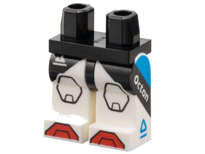 LEGO part Hips and White Legs with Sport Mountain Logo, Black Panels and Kneepads, Red Toes, and Dark Azure Triangle and 'Octan' on Sides Pattern (970c01pb69)