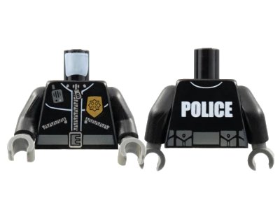 LEGO onderdeel Torso Police Leather Jacket, Gold Badge, Radio, Belt with 'POLICE' Pattern on Back / Black Arms / Dark Bluish Gray Hands (973pb0797c01)