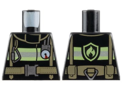 LEGO part Torso Fire Uniform Jacket with Reflective Stripes and Logo on Back, Dark Tan Utility Belt and Straps, Silver Buckle, Caribiner, and Gauge Pattern (973pb1302)