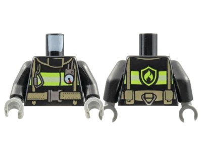 LEGO onderdeel Torso Fire Uniform Jacket with Reflective Stripes and Logo on Back, Dark Tan Utility Belt and Straps, Silver Buckle, Caribiner, and Gauge Pattern / Black Arms / Dark Bluish Gray Hands (973pb1302c01)