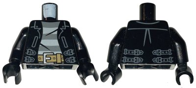 LEGO part Torso Leather Jacket with Gray Striped Undershirt and Silver Buckle with Dark Tan Belt Pattern / Black Arms / Black Hands (973pb1550c01)