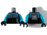 LEGO onderdeel Torso Speed Champions Jumpsuit, Medium Azure Top Panel and Stripe, Black Triangles and White 'Panasonic JAGUAR' Pattern / Medium Azure Arms / Black Hands 973pb3824c01