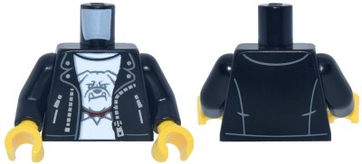 LEGO part Torso Leather Jacket Open with Pockets and Silver Zipper, White Shirt with Bulldog Head with Dark Red Spiked Collar Pattern / Black Arms / Yellow Hands (973pb6437c01)