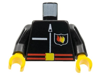 LEGO onderdeel Torso Fire Uniform Shirt with Flame Badge Logo, Pocket, and White Zipper, Red Belt with Yellow Buckle Pattern / Black Arms / Yellow Hands (973px121c01)