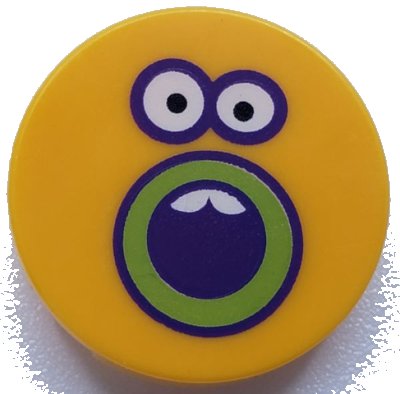 LEGO part Piastrella, Rotonda 2 x 2 con Supporto Bottone Inferiore con Volto Girasole, Bocca e Occhi Aperti Viola Scuro e Verde Lime con Contorno (14769pb314)