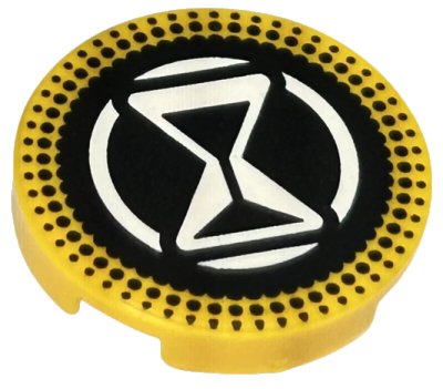 LEGO part Tile, Round 2 x 2 with Bottom Stud Holder with White Hourglass and Circle on Black Background with Dotted Border Pattern (14769pb619)