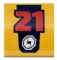 LEGO part Slope, Curved 2 x 2 x 2/3 with Dark Blue Panel, Red Number 21 and White Logo Pattern 15068pb527