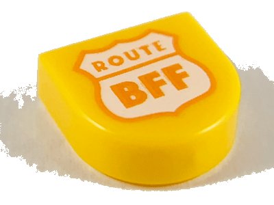 LEGO part Tile, Round 1 x 1 Half Circle Extended with White Highway Sign, Orange Outline and 'ROUTE BFF' Pattern (24246pb012)