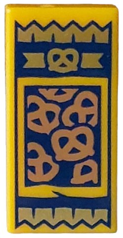 LEGO part Tile 1 x 2 with Medium Nougat Pretzels in Dark Blue and Gold Pretzel Pack Pattern (3069pb1446)