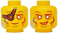 LEGO part Minifigure, Head Dual Sided Reddish Brown Eyebrows, Eye Patch and Cheek Lines, Orange Around Eyes, Metallic Light Blue Streaks, Smile / Grin Pattern - Vented Stud 3626pb3528