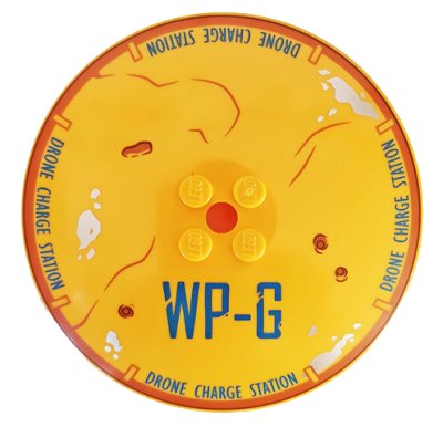 LEGO onderdeel Dish 8 x 8 Inverted (Radar) with Dark Blue 'WP-G' and 'DRONE CHARGE STATION', Dark Orange Rim, Dirt, and Rust Spots Pattern (3961pb10)