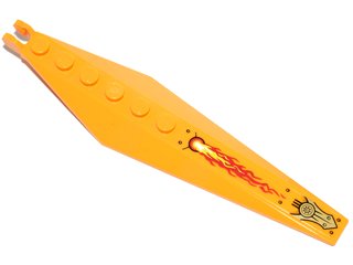 LEGO part Hinge Plate 3 x 12 with Angled Side Extensions and Tapered Ends with Flames, Rivets, and Gold Armor Plate Pattern (Sticker) - Set 70146 (57906pb013)