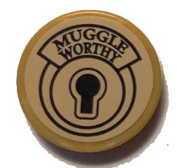 LEGO part Tile, Round 2 x 2 with Bottom Stud Holder with Keyhole and 'MUGGLE WORTHY' Pattern (Sticker) - Set 75952 (14769pb239)