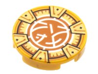 LEGO part Tile, Round 2 x 2 with Bottom Stud Holder with Gold Frame with 6 Chevrons, Dark Orange and White Core Logo Pattern 14769pb501