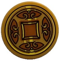 LEGO part Tile, Round 2 x 2 with Bottom Stud Holder with Dark Orange Shapes (Coin) Pattern 14769pb572