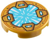 LEGO part Tile, Round 2 x 2 with Bottom Stud Holder with Medium Azure Crystal with White Radiating Reflections, Clasps with Dark Orange Shapes Pattern 14769pb722