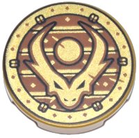 LEGO part Tile, Round 2 x 2 with Bottom Stud Holder with Dragon Head with Horns and Black Outline on Dark Orange Stripes in Circle Pattern 14769pb838