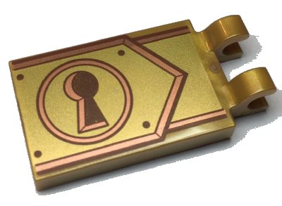 LEGO part Platte, Modifiziert 2 x 3 mit 2 Clips mit Rötlichbraun Schlüsselloch auf Kupfer und Gold Verschluss Muster (30350bpb099)