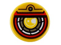 LEGO part Tile, Round 1 x 1 with Yellow, Silver, White, and Red Robotic Eye Pattern 98138pb146