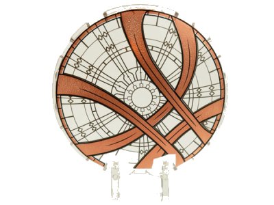 LEGO part Dish 6 x 6 Inverted with Bar Handle with Sanctum Sanctorum Skylight with Copper Swirls Pattern (18675pb22)