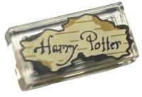 LEGO onderdeel Tile 1 x 2 with Dark Brown 'Harry Potter' on Tan Parchment Paper with Dark Tan Lines and Burnt Border Pattern 3069pb1083