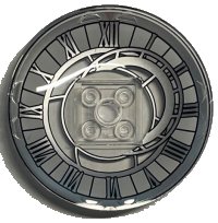 LEGO part Dish 6 x 6 Inverted (Radar) - Solid Studs with Asymmetrical Clock Face with Roman Numerals and Red Triangle Pattern 44375bpb11