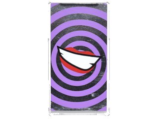 LEGO part Glass for Window 1 x 4 x 6 with Medium Lavender Swirls and Lopsided Open Mouth Smile with Teeth and Red Lips on Silver Mirrored Background Pattern (Sticker) - Set 76035 (57895pb037)