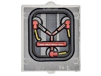 LEGO part Glass for Window 1 x 2 x 2 Flat Front with Yellow Wires, Red Connectors, Dark Silver Stripes and Border with Black Outlines on Silver Background Pattern 60601pb051