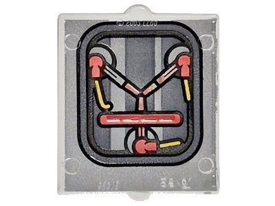 LEGO part Glass for Window 1 x 2 x 2 Flat Front with Yellow Wires, Red Connectors, Dark Silver Stripes and Border with Black Outlines on Silver Background Pattern (60601pb051)