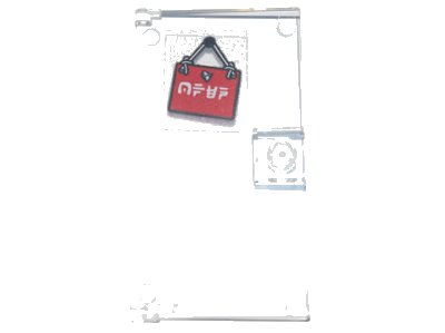 LEGO part Door 1 x 4 x 6 with Stud Handle with Red Sign Hanging on White String with Ninjago Logogram 'OPEN' Pattern (Sticker) - Set 71741 (60616pb055)