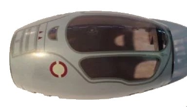 LEGO onderdeel Windscreen 10 x 6 x 3 Bubble Canopy Double Tapered with Square Front Cutout with Light Bluish Gray Jedi Starfighter, Handle and Two Red Triangles on Top Pattern (10312pb01)