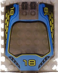 LEGO part Windscreen 8 x 6 x 2 Curved with '18' and Blue / Yellow Racing Pattern x224px1