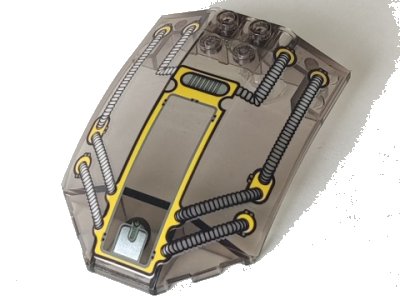 LEGO part Windscreen 8 x 6 x 2 Curved with Silver & Yellow Hose and Window Pattern (x224px2)