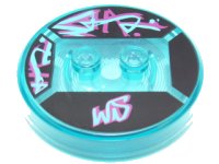 LEGO part Dimensions Toy Tag 4 x 4 x 2/3 with 2 Studs and Trans-Light Blue Bottom with Medium Azure and Magenta 'WS' and Graffiti on Black Background Pattern (Wyldstyle) 18605c01pb02