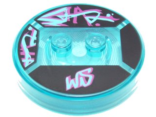 LEGO part Dimensions Toy Tag 4 x 4 x 2/3 with 2 Studs and Trans-Light Blue Bottom with Medium Azure and Magenta 'WS' and Graffiti on Black Background Pattern (Wyldstyle) (18605c01pb02)