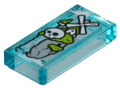 LEGO part Tile 1 x 2 with Light Bluish Gray Rock, Lime Grass, White Windmill, Skull and Waterfall Pattern (3069pb1272)