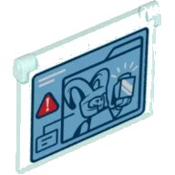 LEGO part Glass for Window 1 x 4 x 3 - Opening with Loki with Tesseract On Video Screen and Triangle Warning Pattern (60603pb014)