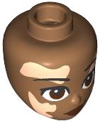 LEGO part Mini Doll, Head Friends with Black Eyebrows, Reddish Brown Eyes and Lips, Light Nougat Vitiligo Patches, Lopsided Grin Pattern 106000