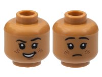LEGO part Minifigure, Head Dual Sided, Black Eyebrows and Eyes with White Pupils, Smirk with Open Mouth Smile, Reddish Brown Freckles / Sad Pattern - Hollow Stud 3626pb2992