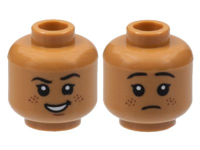 LEGO part Minifigure, Head Dual Sided, Black Eyebrows and Eyes with White Pupils, Smirk with Open Mouth Smile, Reddish Brown Freckles / Sad Pattern - Hollow Stud (3626pb2992)