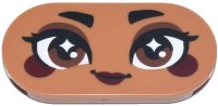 LEGO part Tile, Round 2 x 4 Oval with Face, Black Eyebrows and Eyelashes, Reddish Brown Eyes and Eye Shadow, Dark Red Cheeks and Lips, Smile Pattern (Jasmine) 66857pb118