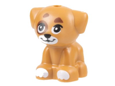 LEGO part Dog, Friends, Puppy, Standing, Small with White Muzzle and Paws, and Reddish Brown Spots Pattern (69901pb08)